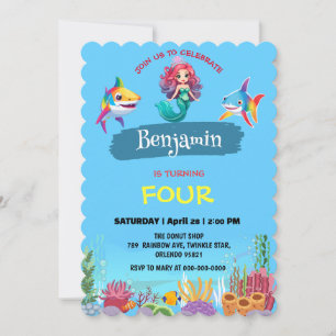 Cute Mermaid shark rainbow colourful birthday part Invitation