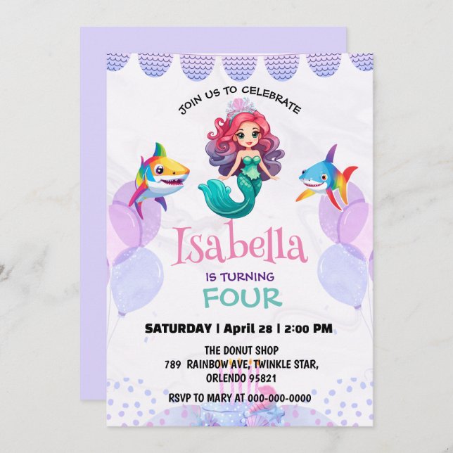Cute Mermaid shark rainbow colourful birthday part Invitation (Front/Back)