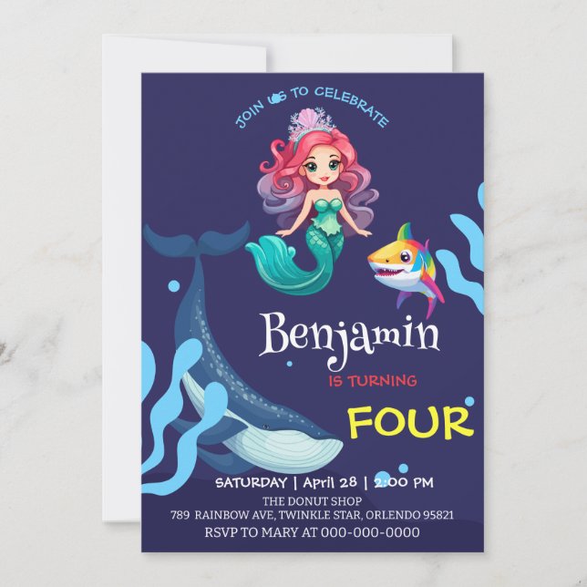 Cute Mermaid shark Whale colourful birthday party Invitation (Front)