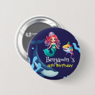 Cute Mermaid shark Whale rainbow colorful birthday 6 Cm Round Badge