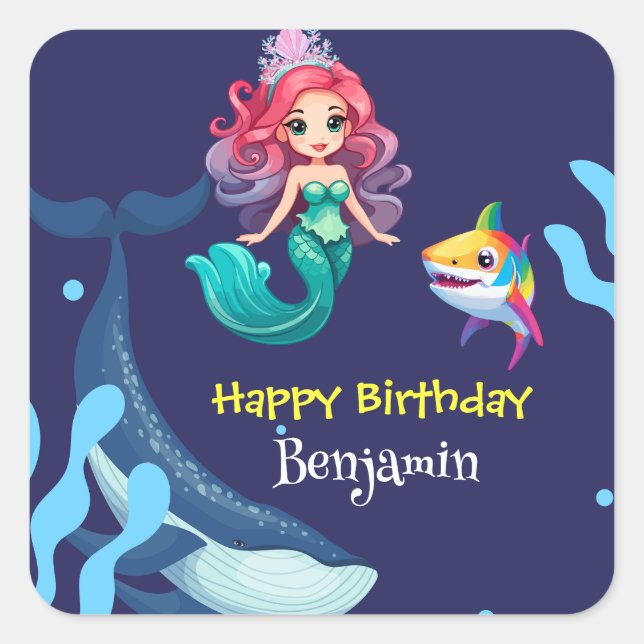 Cute Mermaid shark Whale rainbow colourful birthda Square Sticker (Front)