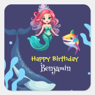 Cute Mermaid shark Whale rainbow colourful birthda Square Sticker