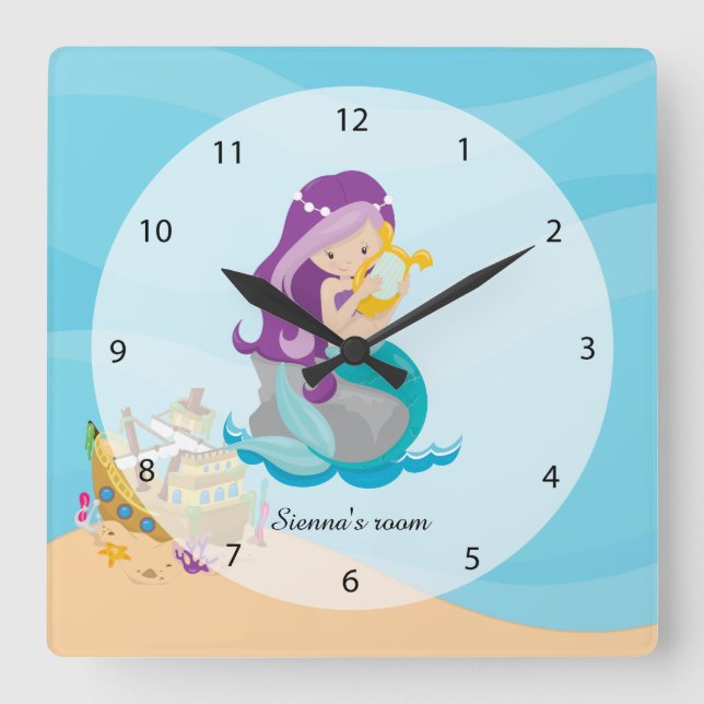 Cute Mermaid Square Wall Clock (Front)