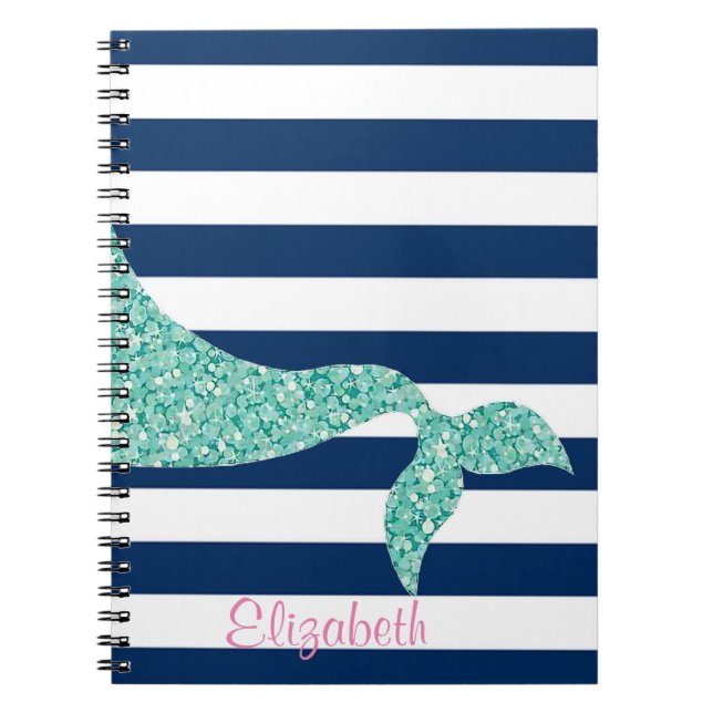Cute Mermaid Tail, Navy Blue Stripes-Personalised Notebook (Front)