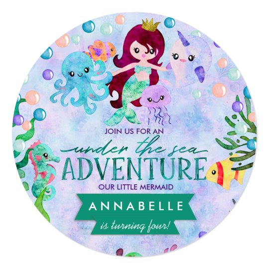 Cute Mermaid Theme Birthday Party Invitations