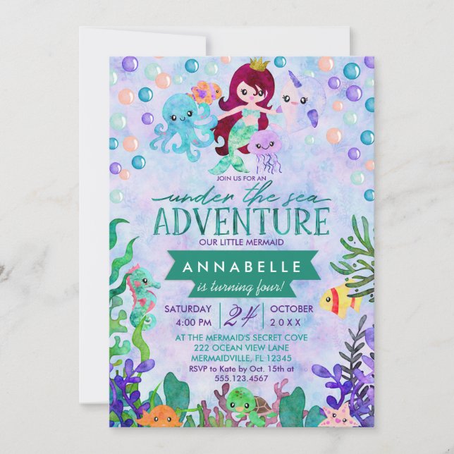 Cute Mermaid Theme Birthday Party Invitations (Front)