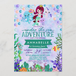 Cute Mermaid Theme Birthday Party Invitations