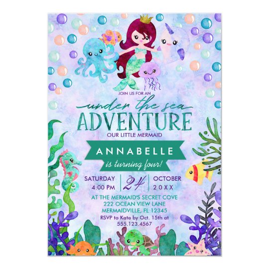 Cute Mermaid Theme Birthday Party Invitations