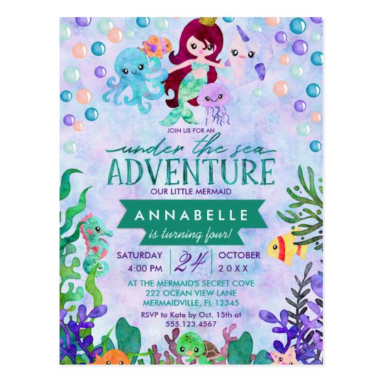 Cute Mermaid Theme Birthday Party Invitations