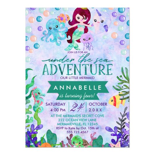 Cute Mermaid Theme Birthday Party Invitations