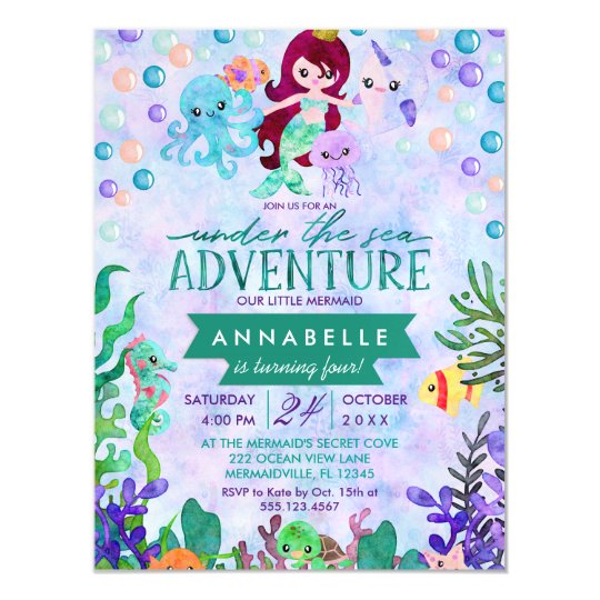 Cute Mermaid Theme Birthday Party Invitations