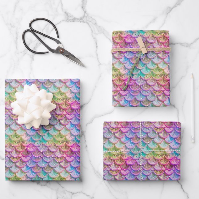 Cute mermaid tiled pattern scales party wrapping paper sheet (Front)