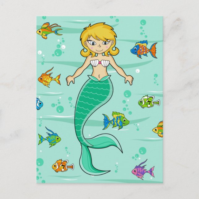 Cute Mermaid & Tropical Fish Postcard (Front)