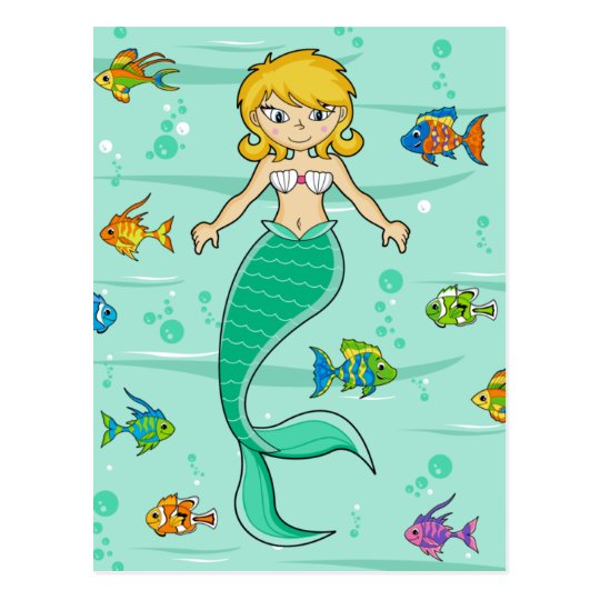 Cute Mermaid & Tropical Fish Postcard