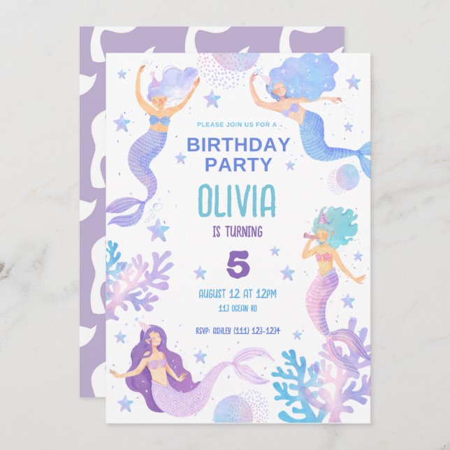 Cute Mermaid Under the Sea Birthday Party  Invitation (Front/Back)