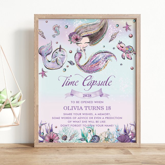 Cute Mermaid Under the Sea Birthday Time Capsule Poster (zazzle-mermaid-brunette-girl-under-the-sea-1st-birthday-time-capsule-sign-poster-activity-printed)