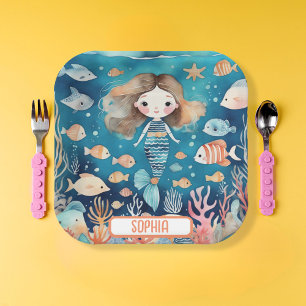 Cute Mermaid Under The Sea Personalised Paper Plate