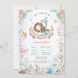 Cute Mermaid Under The Sea Pool Party Birthday Invitation