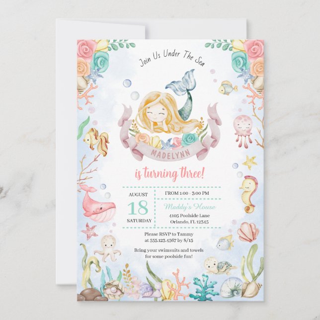 Cute Mermaid Under The Sea Pool Party Birthday Invitation (Front)