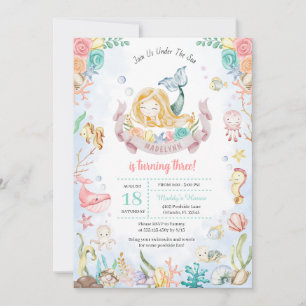 Cute Mermaid Under The Sea Pool Party Birthday Invitation