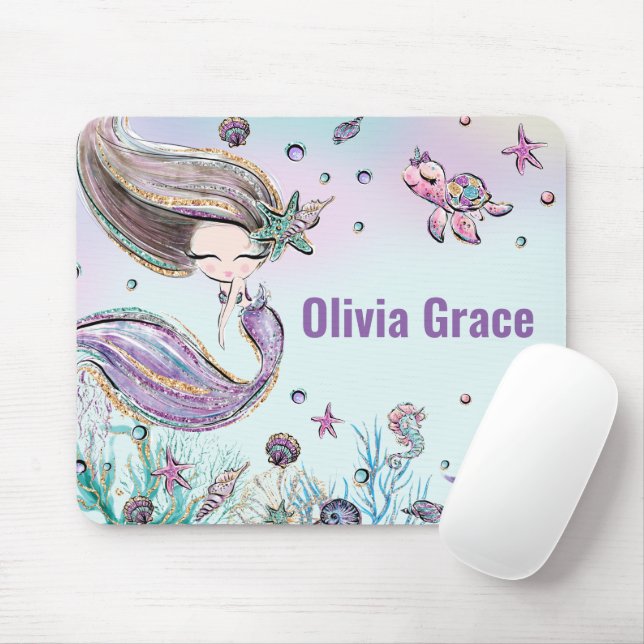 Cute Mermaid Under the Sea Purple Glitter Mouse Pa Pad (With Mouse)
