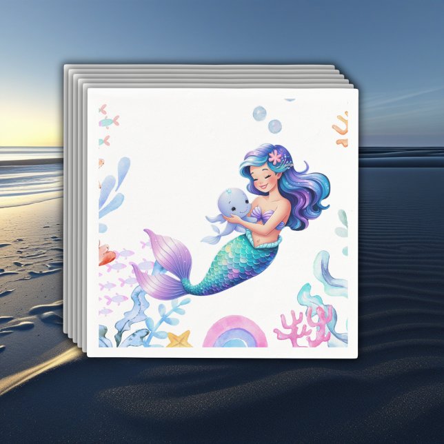 Cute Mermaid Under the Sea Watercolor Baby Shower Napkin (Creator Uploaded)