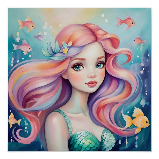 Cute mermaid underwater with fish poster (Front)