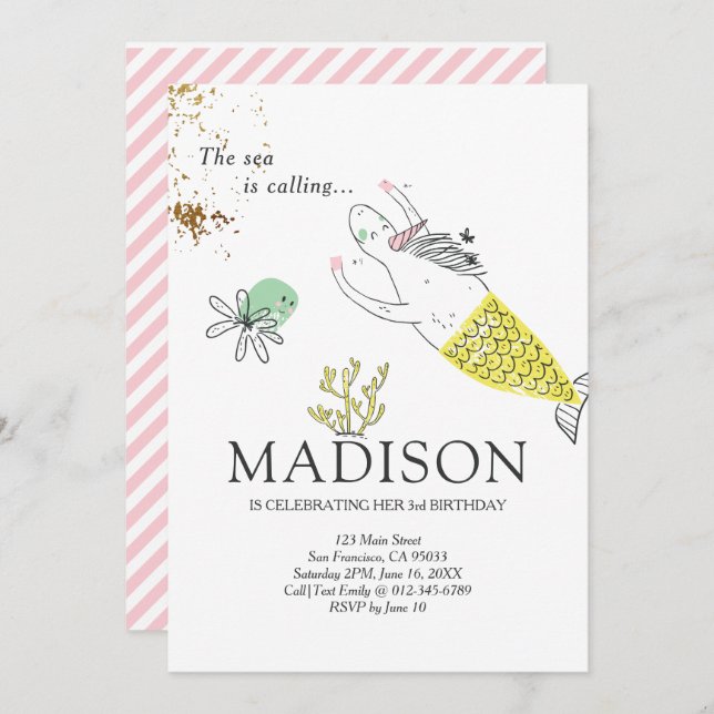 Cute Mermaid Unicorn Faux Gold Birthday Invitation (Front/Back)