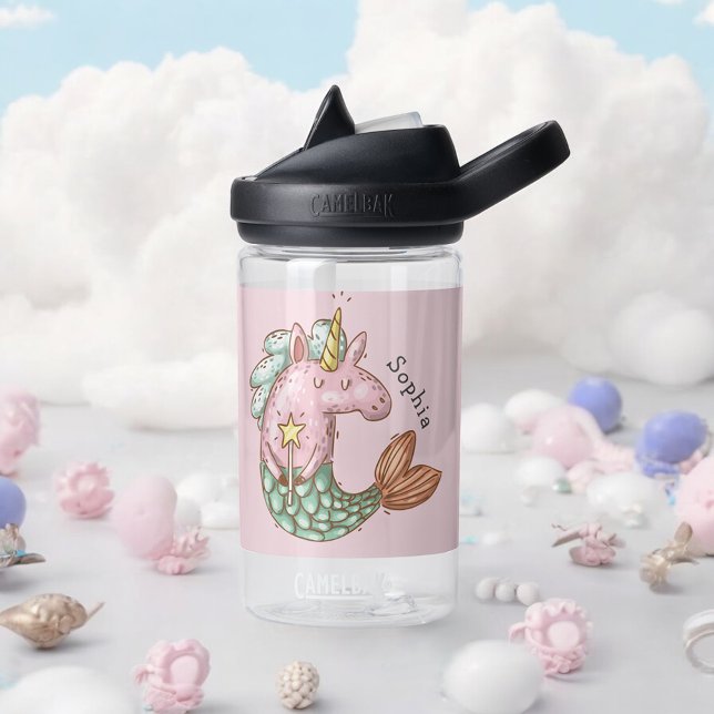 Cute Mermaid Unicorn with Name Water Bottle (Personalize with your child's name for a cute gift idea for girls.)