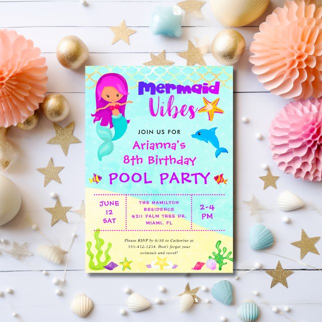 Cute Mermaid Vibes Birthday Pool Party Invitation (Creator Uploaded)