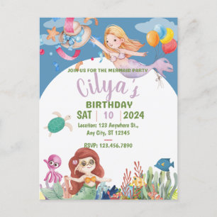 Cute Mermaid Watercolor birthday Invitation Postcard