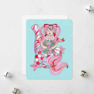 Cute Mermaid Watercolor Illustration Holiday Card 