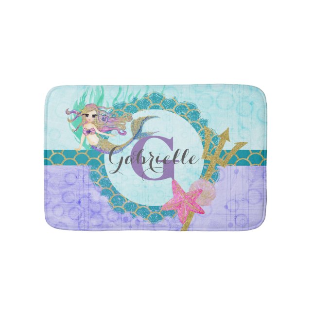 Cute Mermaid Watercolor Teal & Purple Monogram Bath Mat (Front)