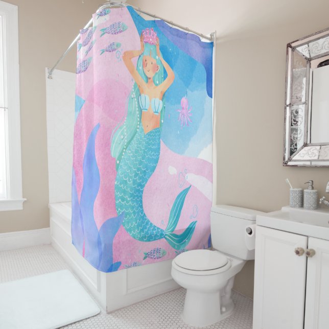 Cute mermaid watercolors illustration shower curtain (In Situ)
