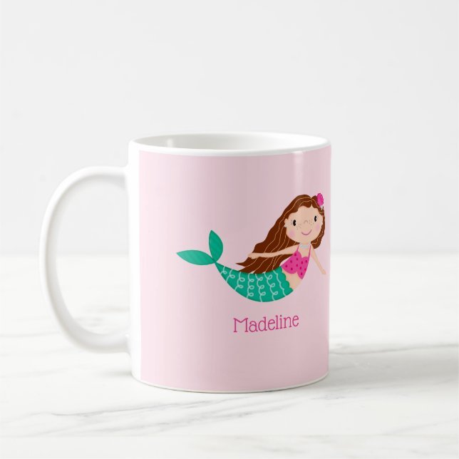 Cute Mermaid Whimsical Pink Personalised Coffee Mug (Left)