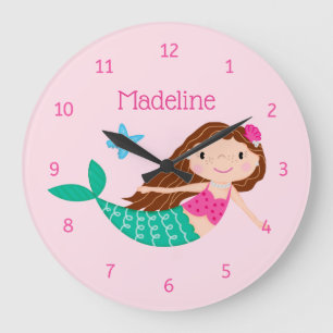 Cute Mermaid Whimsical Pink Personalised Large Clock
