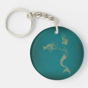 Cute Mermaid with Fish Illustrated Art Key Ring