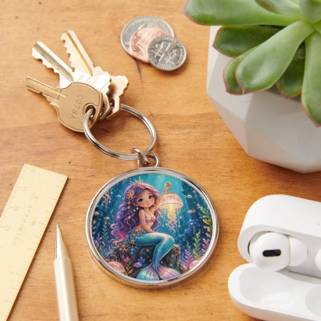 Cute mermaid with jellyfish lantern  key ring (Desk)