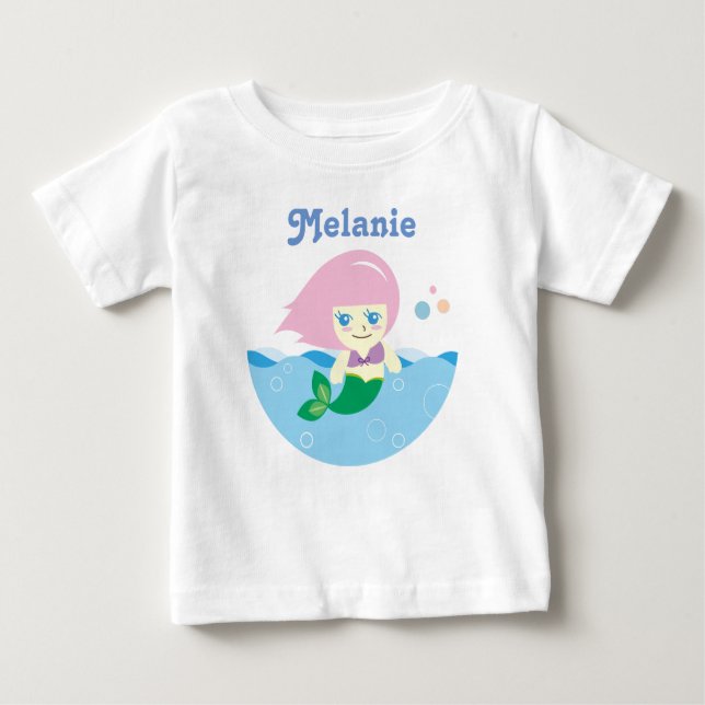 Cute Mermaid with Pink Hair Personalised Baby T-Shirt (Front)