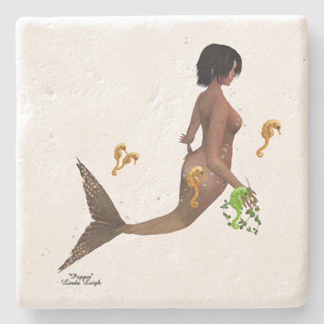 Cute Mermaid With Seahorses Stone Coaster (Front)