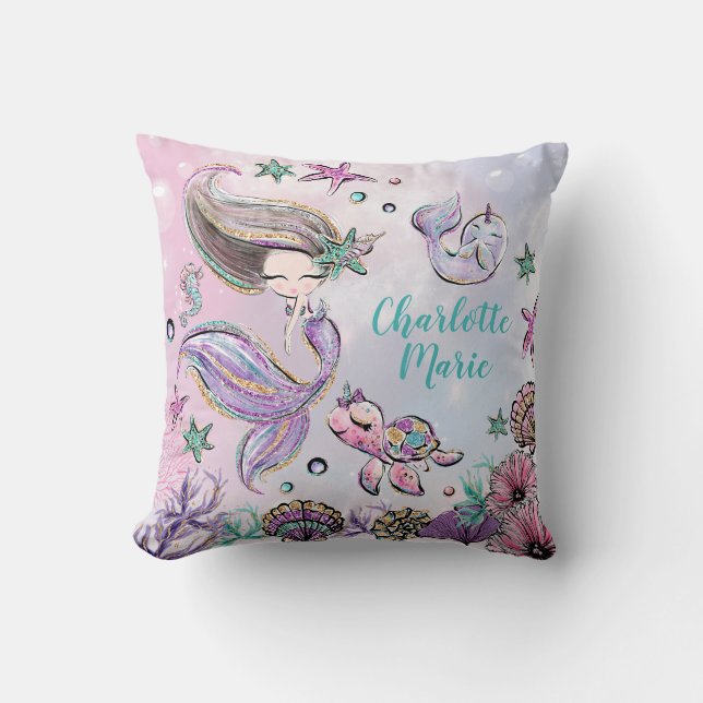 Cute Mermaid with Turtle and Narwhal Girl Nursery Cushion (Front)