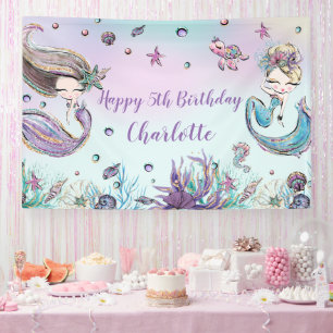 Cute Mermaids Birthday Pool Party Backdrop Welcome Banner