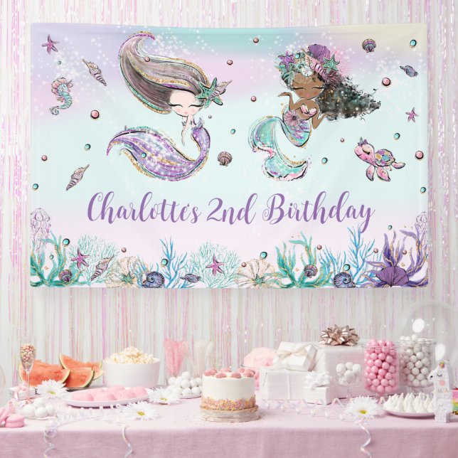 Cute Mermaids Birthday Pool Party Backdrop Welcome Banner (Party)