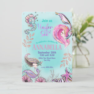 Cute Mermaids Glitter Under the Sea Party Invitation
