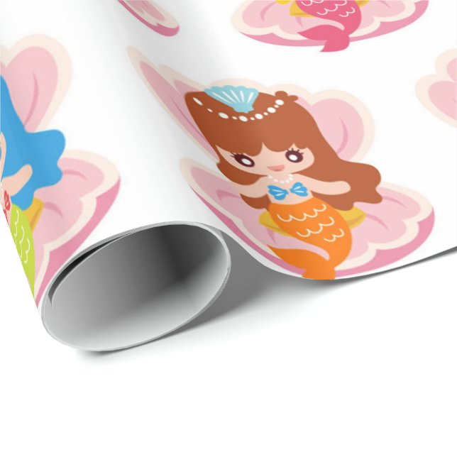Cute mermaids in clam shell pattern wrapping paper (Roll Corner)