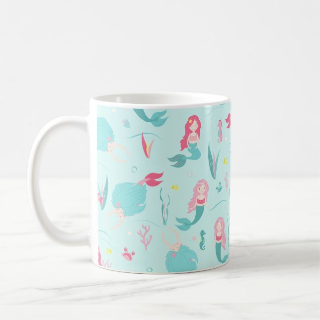       Cute Mermaids Pink and Turquoise Pattern Coffee Mug (Left)