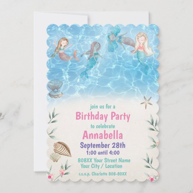 Cute Mermaids Swimming at the Beach Invitation (Front)