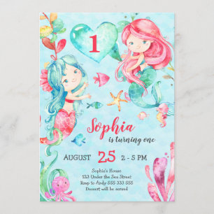 Cute Mermaids Under the Sea Girl First Birthday Invitation