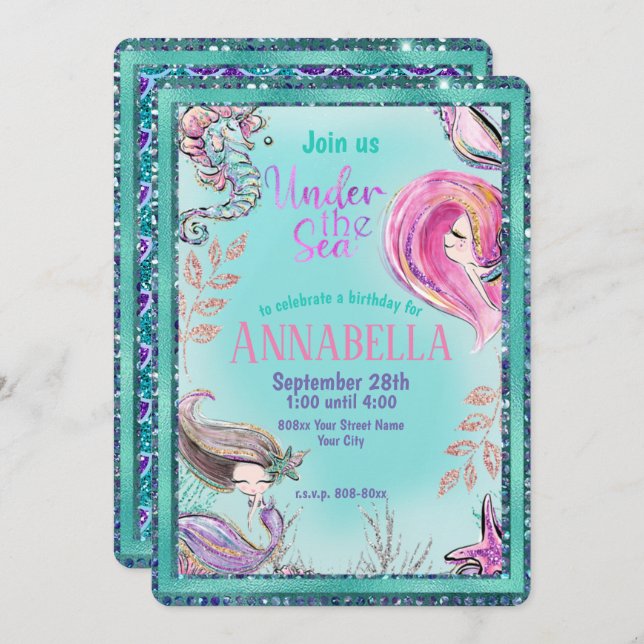 Cute Mermaids Under the Sea Party Teal Glitter Invitation (Front/Back)