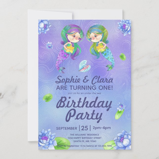 Cute Mermaids Under the Sea Twin Girls Birthday  Invitation (Front)